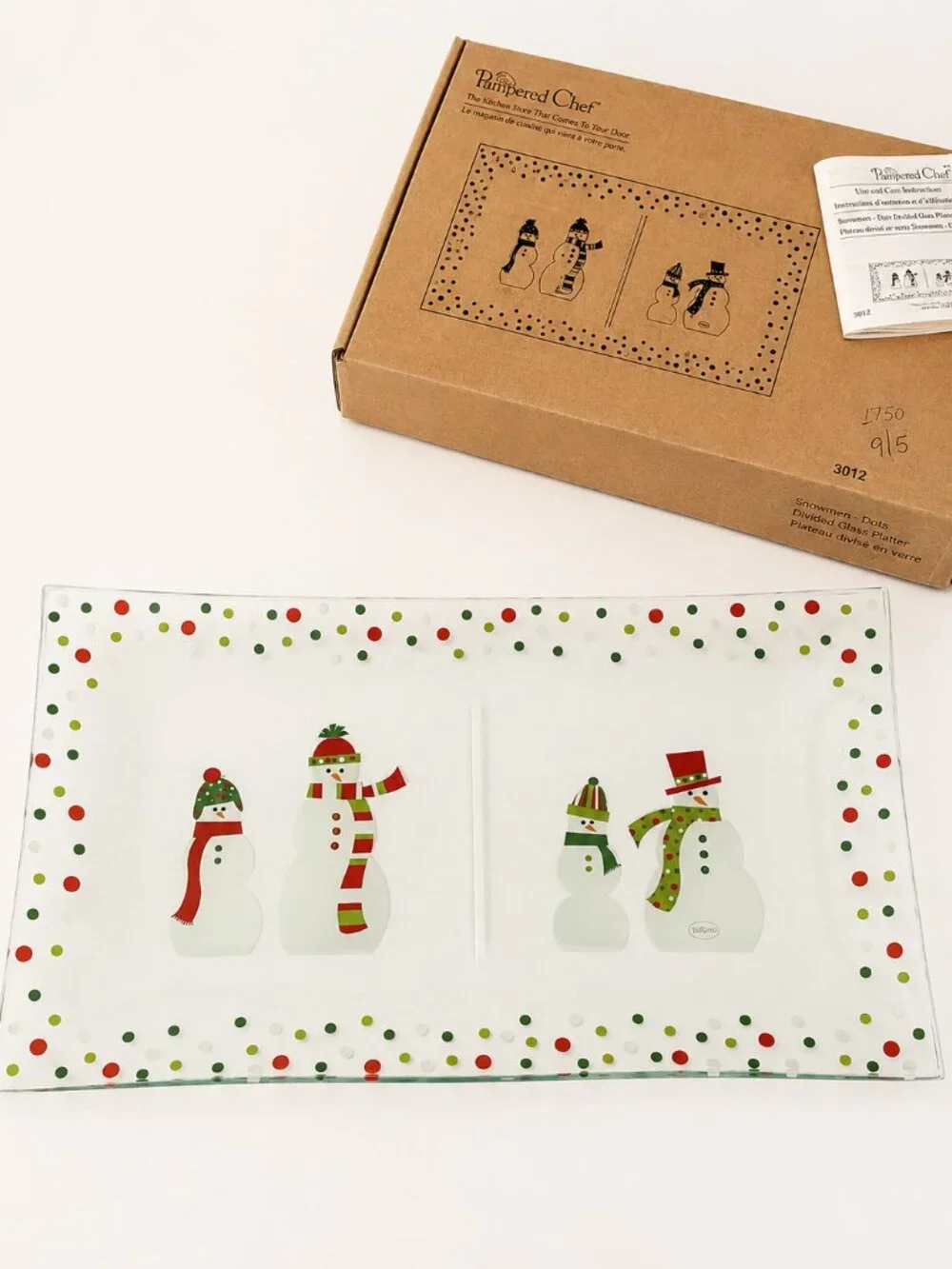 Pampered Chef Snowmen Dots Divided Glass Platter 3012 NIB Christmas retired